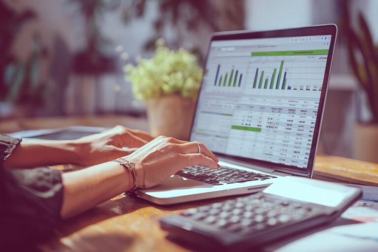 Person typing on their laptop with accounting software on the screen at a home office.