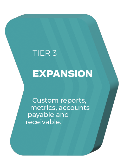 Tier 3: Expansion. Custom reports, metrics, accounts payable and receivable (graphi)